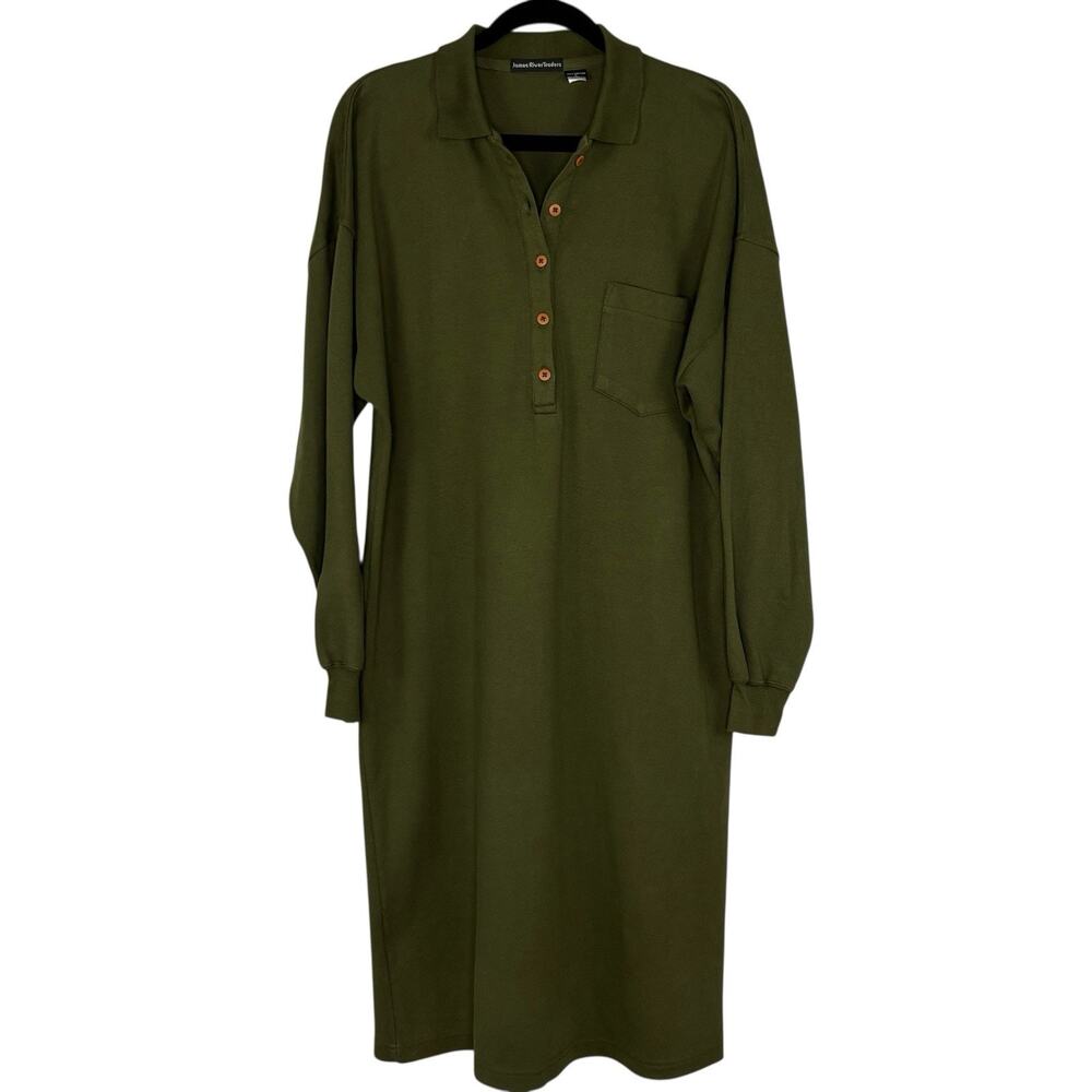 Midi Shirt Dress Collared Shift Double Knit Long Sleeve Olive Green Size L